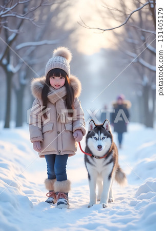 一個女孩和她的狗在雪地裡散步 131405179