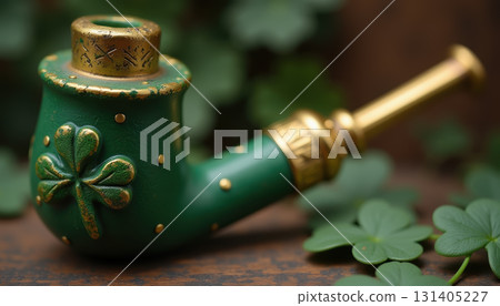 Vintage green pipe with shamrock design and gold accents surrounded by clovers. AI generation 131405227
