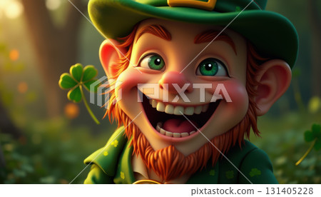Cheerful leprechaun with four-leaf clover in enchanted forest setting. AI generation Cheerful leprechaun with four-leaf clover in enchanted forest setting. AI generation 131405228