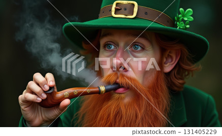 Young caucasian male dressed as leprechaun smoking pipe amid lush greens. AI generation 131405229