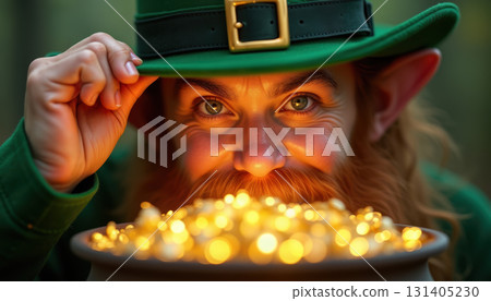 Mischievous leprechaun with glowing pot of gold in forest. AI generation 131405230