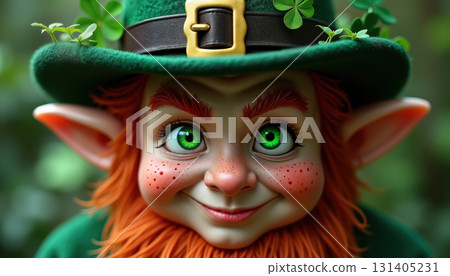 Cheerful cartoon leprechaun with green hat and freckles in lush greenery. AI generation 131405231