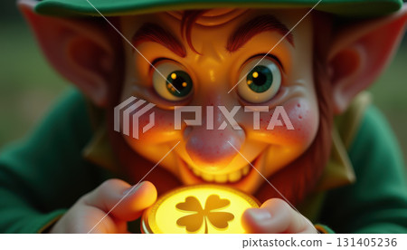Animated leprechaun holding glowing shamrock coin with excited expression. AI generation Animated leprechaun holding glowing shamrock coin with excited expression. AI generation 131405236