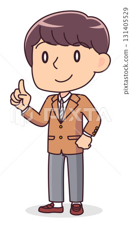 Illustration of a male student explaining with his finger raised 131405529
