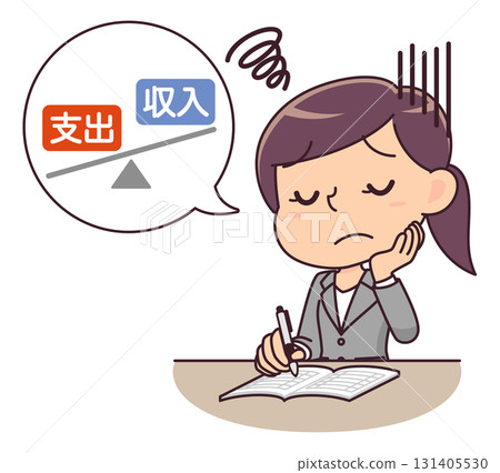 一位身穿西裝的女士在記家庭帳簿時擔心自己的赤字 131405530
