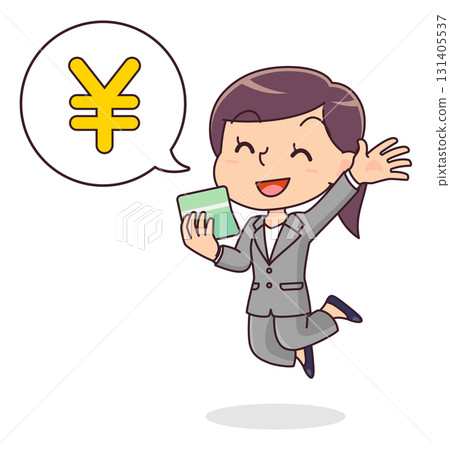 一位穿著西裝的女士很高興看到錢存入她的存摺 131405537