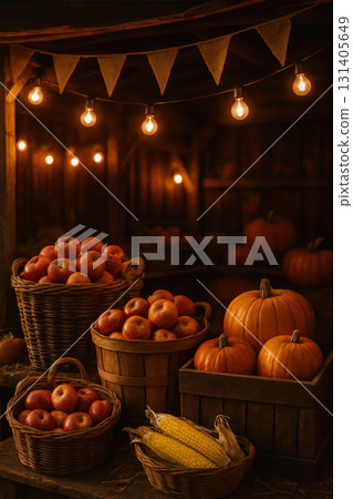 Rustic market stall with apples and pumpkins Rustic market stall with apples and pumpkins 131405649