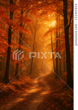 Sunlit autumn forest path with orange leaves 131405654