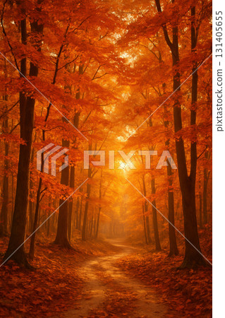Pathway through vibrant autumn forest at sunrise 131405655