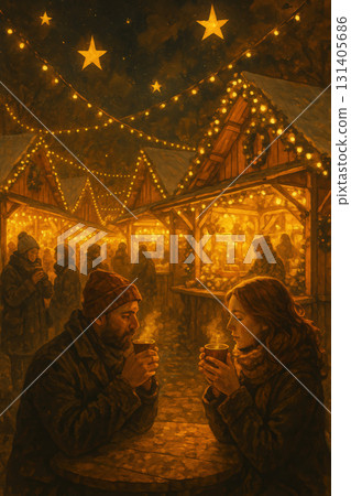 Couple enjoying hot drinks at night market 131405686