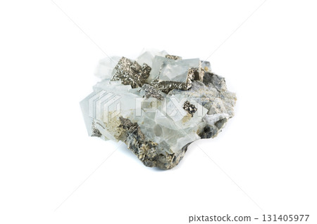 Fluorite stone with cubic crystals and sparkling pyrite inclusions, a raw mineral specimen collected in Primorsky Krai, Russia, on white background. Fluorite stone with cubic crystals and sparkling pyrite inclusions, a raw mineral specimen collected in Primorsky Krai, Russia, on white background. 131405977