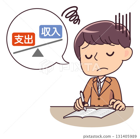 Illustration of a male student worrying about a deficit while keeping a household account book 131405989