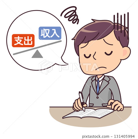 一位西裝革履的男士在記家庭帳簿的同時,也擔心自己的財務赤字 一位西裝革履的男士在記家庭帳簿的同時,也擔心自己的財務赤字 131405994