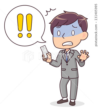 Illustration of a man in a suit surprised at a receipt Illustration of a man in a suit surprised at a receipt 131405995