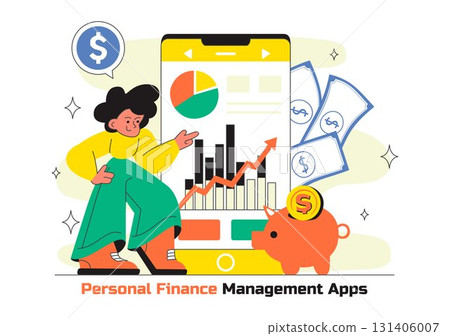 Personal Finance Management Apps Illustration Featuring Financial Planning App for Earnings,Expenses Control, Budget Planning, and Cost Optimization 131406007