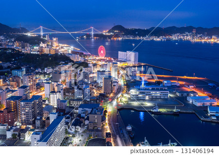 Yamaguchi Prefecture: Night view of the Kanmon Bridge and Kanmon Straits 131406194