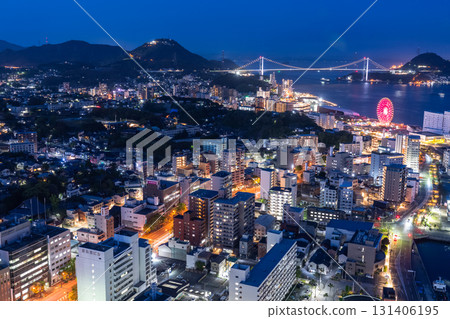 Yamaguchi Prefecture: Night view of the Kanmon Bridge and Kanmon Straits 131406195