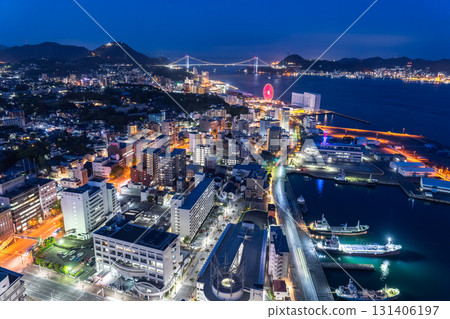 Yamaguchi Prefecture: Night view of the Kanmon Bridge and Kanmon Straits 131406197