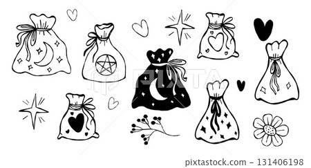Mystical Witch Pouch Doodle Set. Magic Witchcraft Bag with Occult Symbol Pentagram, Heart and Crescent Moon, Mystic Herbal Pouch. Isolated Outline Textured Hand Drawn. Vector Illustration. Not AI Mystical Witch Pouch Doodle Set. Magic Witchcraft Bag with Occult Symbol Pentagram, Heart and Crescent Moon, Mystic Herbal Pouch. Isolated Outline Textured Hand Drawn. Vector Illustration. Not AI 131406198