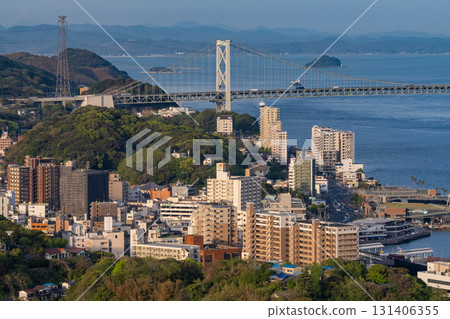 <Yamaguchi Prefecture> Kanmon Bridge and Kanmon Straits at dusk 131406355