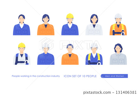 Construction site team wearing work clothes and helmets Upper body illustration set of men and women 131406381