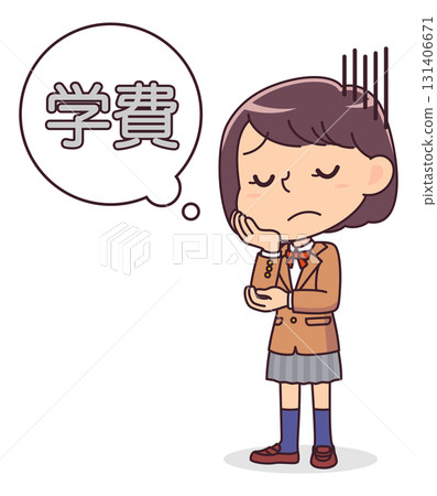 Illustration of a female student worried about tuition fees 131406671