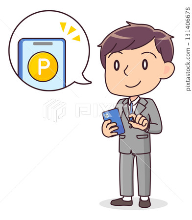 Illustration of a man in a suit earning points on a smartphone 131406678