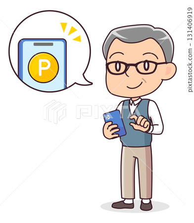 Illustration of a senior man earning points on a smartphone 131406919