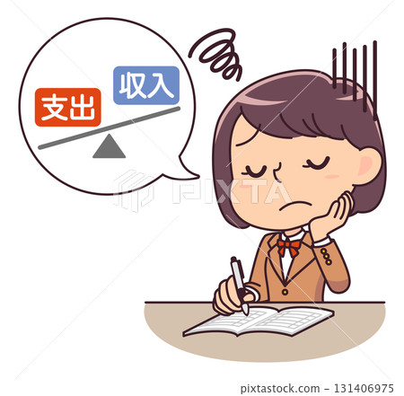 Illustration of a female student worrying about a deficit while keeping a household account book Illustration of a female student worrying about a deficit while keeping a household account book 131406975