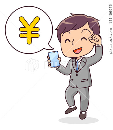 Illustration of a man in a suit who is happy to confirm his deposit on his smartphone Illustration of a man in a suit who is happy to confirm his deposit on his smartphone 131406976