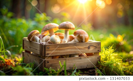 Mushrooms in Wooden Crate 131407033
