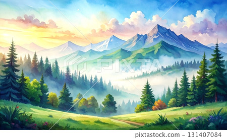 Summer view of sunrise over the peaks, green forest, and clear sky Summer view of sunrise over the peaks, green forest, and clear sky 131407084