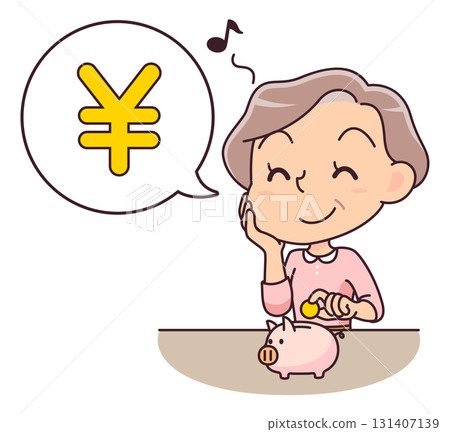 一位老年婦女高興地將硬幣放入存錢筒的插圖 一位老年婦女高興地將硬幣放入存錢筒的插圖 131407139