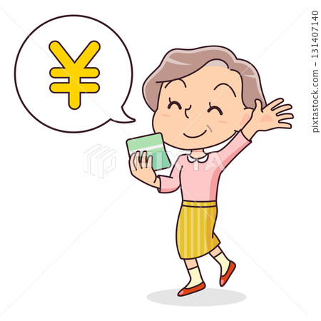 Illustration of a senior woman happy to see money in her bankbook 131407140
