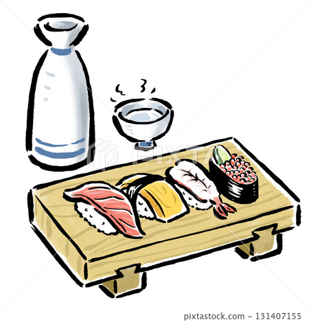 Sushi served on sushi sandals and hot sake Sushi served on sushi sandals and hot sake 131407155