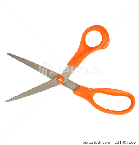 Orange handled stainless steel scissors isolated on white background 131407160