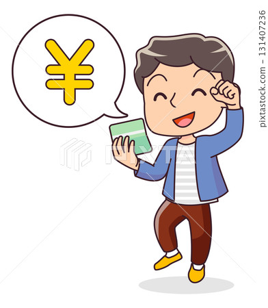 Illustration of a man happy to see money in his bankbook Illustration of a man happy to see money in his bankbook 131407236