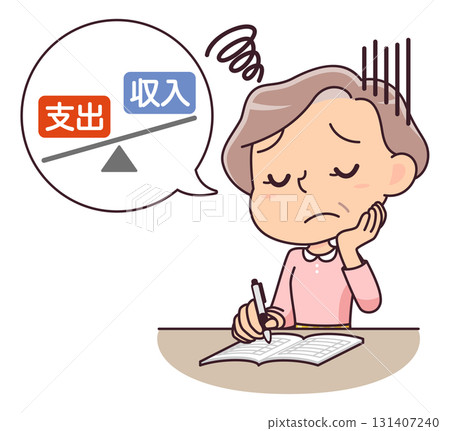 一位老年婦女在記家庭帳簿時擔心自己的赤字 一位老年婦女在記家庭帳簿時擔心自己的赤字 131407240