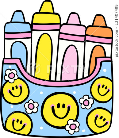 Groovy Retro School Supply Crayon Box With Smile Faces Pattern Doodle Hand Drawn 131407499