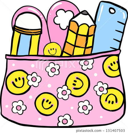 Groovy Retro School Supply Pencil Case with smile Faces and Flowers Doodle Hand Drawn Groovy Retro School Supply Pencil Case with smile Faces and Flowers Doodle Hand Drawn 131407503