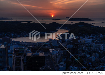 Shimonoseki City Center and the Kanmon Straits at Dusk, Yamaguchi Prefecture 131407758
