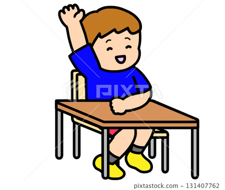 Boy raising his hand with desk Boy raising his hand with desk 131407762