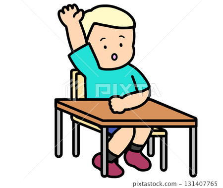 Boy raising his hand with desk Boy raising his hand with desk 131407765