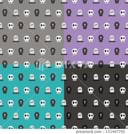 萬聖節可愛的頭骨、墳墓和棺材無縫圖案 萬聖節可愛的頭骨、墳墓和棺材無縫圖案 131407795
