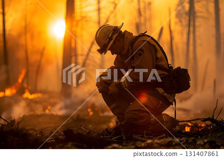 dedicated firefighter kneels amid the scorched remains of a devastated forest 131407861