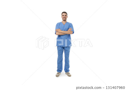 Doctor in blue scrubs stands confidently, isolated, PNG Doctor in blue scrubs stands confidently, isolated, PNG 131407960
