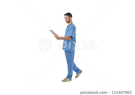 Male doctor walks while holding medical paperwork, isolated, PNG 131407963