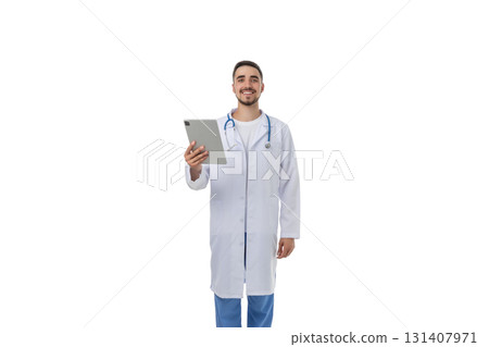 Doctor in a white coat with a tablet, isolated, PNG 131407971
