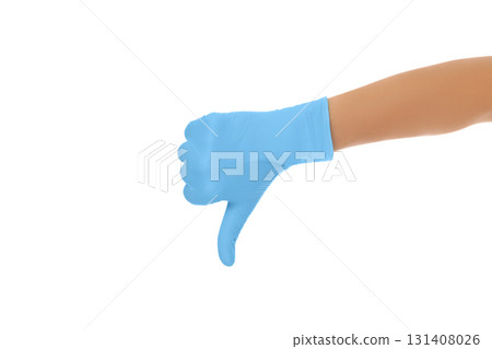 Blue glove thumbs down indicates disapproval, isolated on white, PNG 131408026
