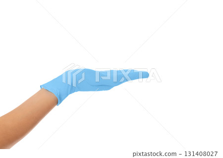 Blue-gloved hand ready for demo, isolated on white, PNG 131408027